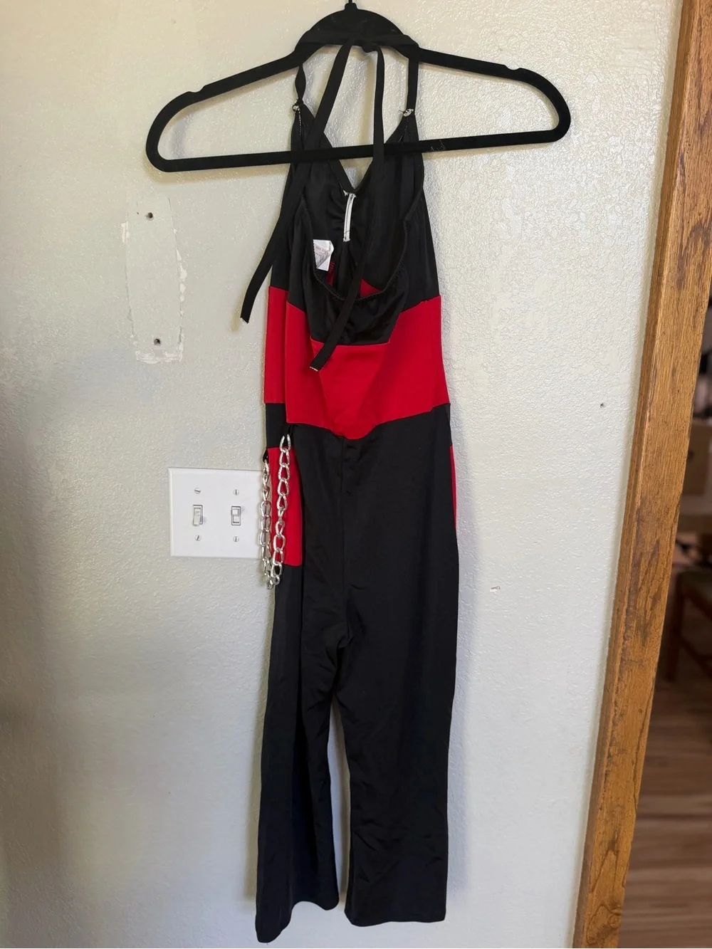 Halter One-Piece Jumpsuit in Black and Red with Chain